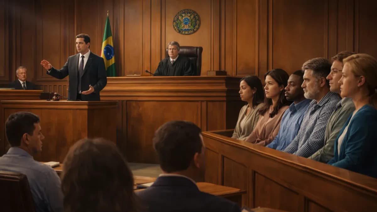 Foto de um advogado cercado por jornalistas e câmeras durante entrevista em um tribunal.