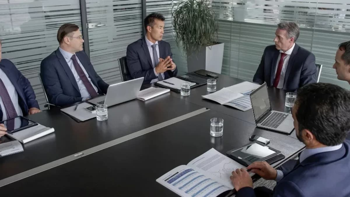 Reunião de executivos em uma sala corporativa, com profissionais reunidos ao redor de uma mesa, documentos, notebooks e gráficos sobre a mesa.