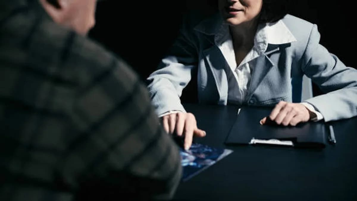 Mulher de terno cinza-claro, sentada a uma mesa escura, aponta para uma fotografia diante de um homem de camisa xadrez visto de costas, com prancheta e caneta ao lado, em ambiente de pouca luz que remete a um interrogatório.
